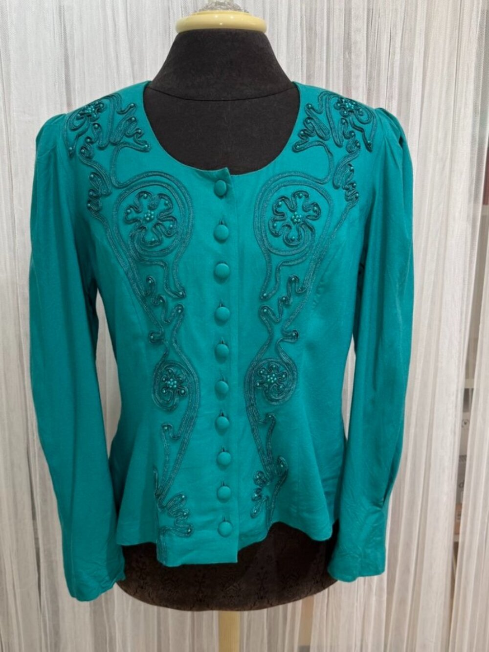 Vintage 90s Plaza South Teal Rayon Blouse Size 8 Beaded Soutache Covered Button